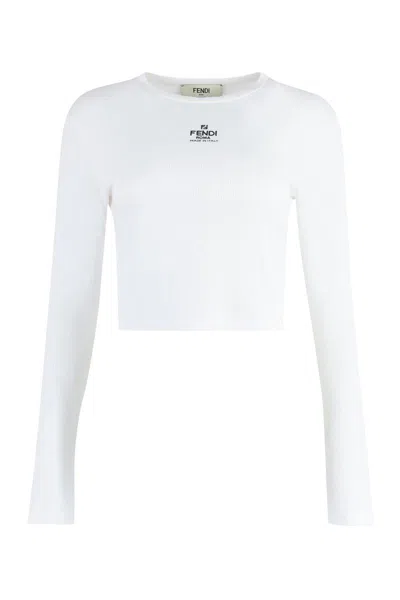 Fendi Long Sleeve Cotton T-shirt In White