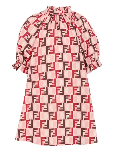 Fendi Kids' Long-sleeve Patterned Mid Dress In Pink