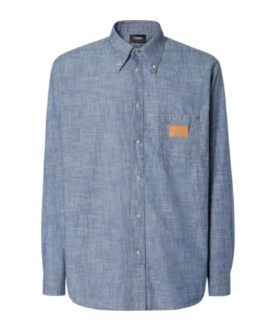 Fendi Logo-patch Button-down Shirt In Blue