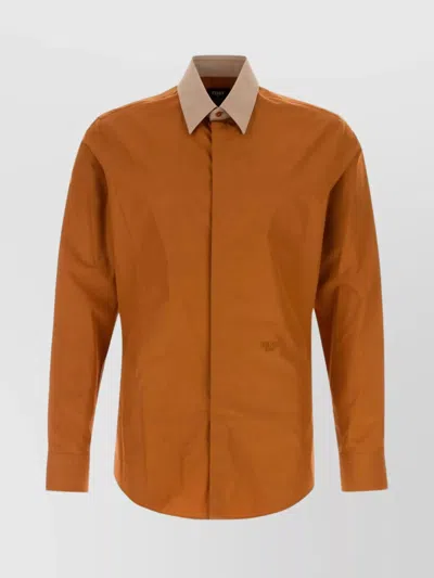 Fendi Long Sleeve Shirt With Contrast Collar And Tailored Fit In Orange