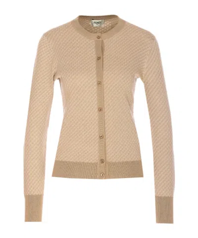 Fendi Embroidered Silk Blend Cardigan In Beige
