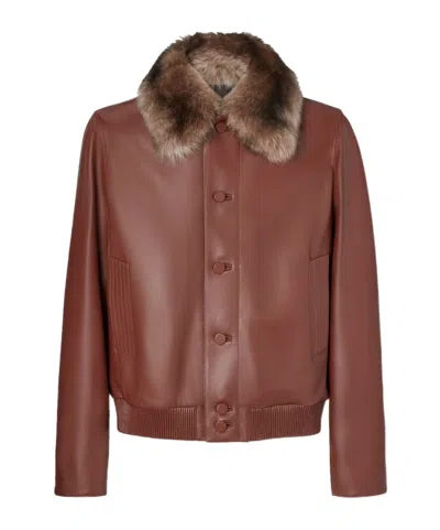 Fendi Long-sleeved Leather Jacket In Brown