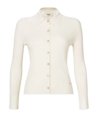 Fendi Long Sleeved Ribbed-knit Fitted Cardigan In White