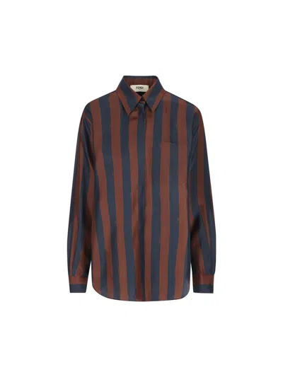 Fendi Long Sleeved Striped Shirt In Cocoa/navy