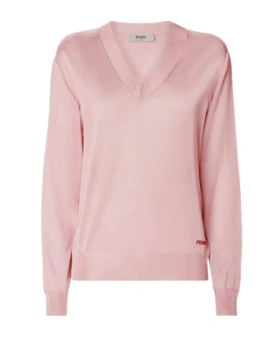 Fendi Long-sleeved V-neck Sweater In Pink