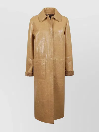 FENDI LONGLINE LEATHER COAT WITH FAUX FUR TRIM