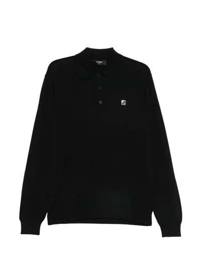 Fendi Long-sleeve Ff-plaque Polo Shirt In Black