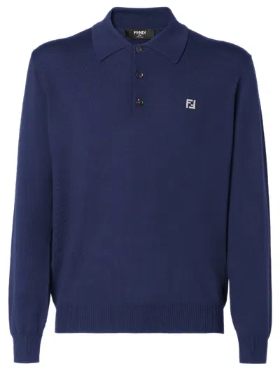 Fendi Long-sleeved Polo Shirt With Classic Collar In Blue