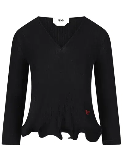 Fendi Long-sleeved V-neck Wool Top With Embroidered Logo In Black