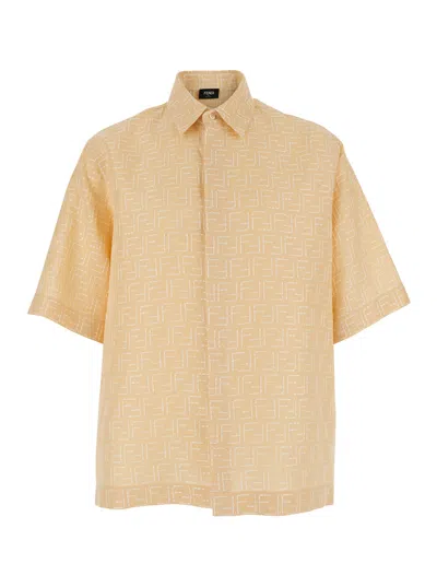 FENDI FENDI MEN YELLOW SHIRT WITH WIDE SHORT SLEEVES AND ALL-OVER FF MOTIF IN LINEN BLEND MAN