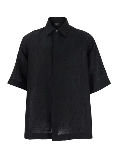 FENDI FENDI MEN BLACK OVERSIZE SHIRT WITH SHORT WIDE SLEEVES AND ALL-OVER FF EMBROIDERY IN LINEN BLEND MAN