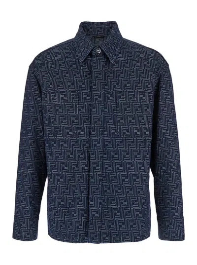 FENDI FENDI MEN BLUE SHIRT WITH POINTED COLLAR AND ALL OVER FF MOTIF IN COTTON MAN