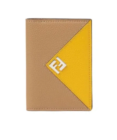 Fendi Lui Leather Card Holder In Beige And Yellow