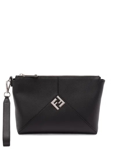 Fendi Lui Logo-plaque Leather Clutch Bag In Black