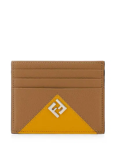 Fendi Lui Logo-plaque Pebbled-leather Card Holder In Brown