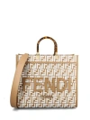 Fendi Raffia Shopper Bag With White Tapestry Fabric Ff Motif In Tan