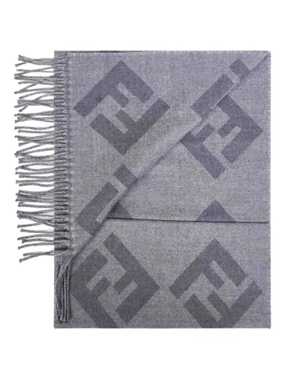 Fendi Macro Motif Fringed Scarf In Gray