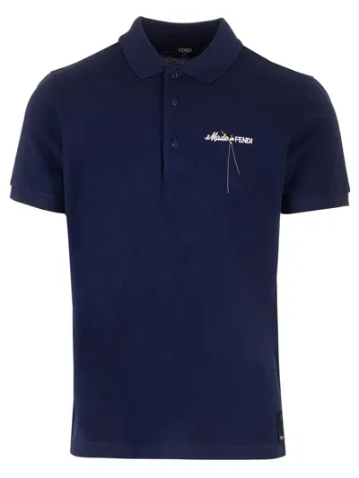 Fendi Made In  Embroidered Polo Shirt In Blue