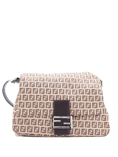 Pre-owned Fendi Mama Forever Bag Zucchino Canvas Shoulder Bag In Neutral