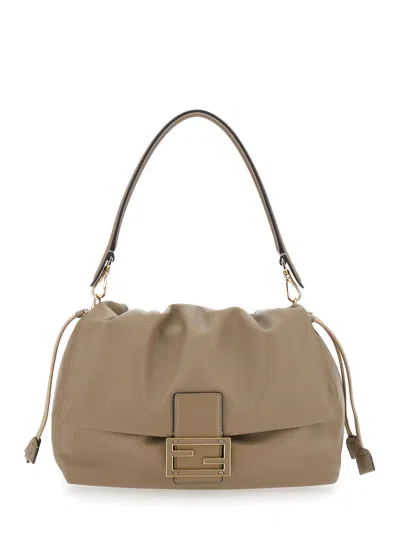 Fendi 'mamma Baguette Grande' Beige Shoulder Bag With Ff Metallic Plaque In Leather Woman In Dove-grey