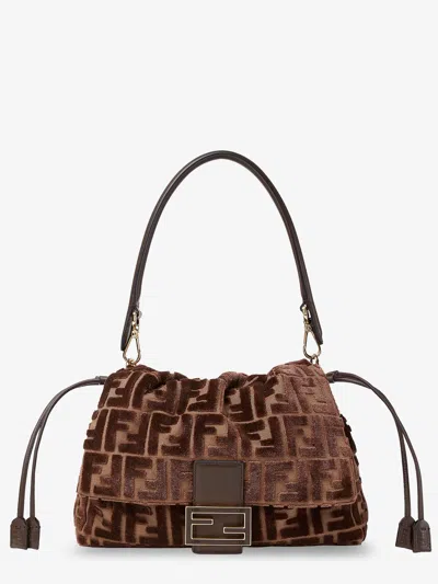 Fendi Mamma Baguette Medium Ff Velvet Jacquard Crossbody Bag In Brown