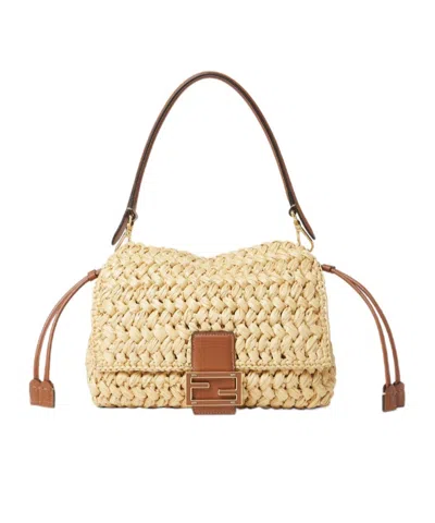 Fendi Mamma Baguette Medium Natural Raffia Woven Bag In Nude