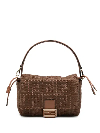 Fendi Mamma Baguette Medium Sellier Brown Raffia-effect Woven Bag With Ff Embroidery