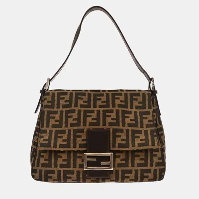Pre-owned Fendi Mamma Baguette Medium Tobacco Zucca Canvas Shoulder Bag In Brown