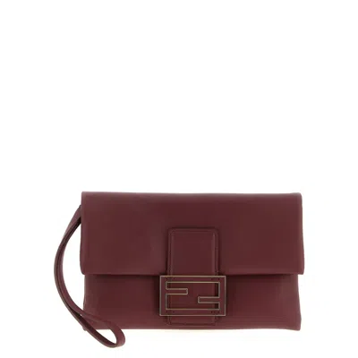 Fendi Nappa Leather Mamma Baguette Pouch With Chain In Burgundy