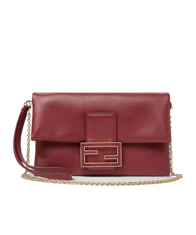 Fendi Nappa Leather Mamma Baguette Pouch With Chain In Burgundy
