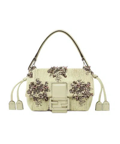 Fendi Mamma Baguette Small Sage Green  Flower Bouquet Embroidered Mini-bag In Gray-green