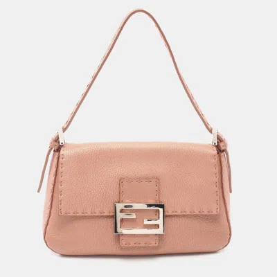 Pre-owned Fendi Mamma Bucket Selleria Handbag Leather Pink Beige Metallic