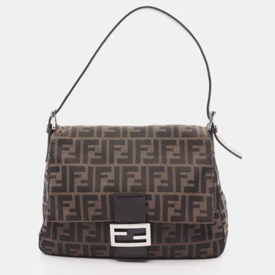 Pre-owned Fendi Mamma Bucket Zucca Shoulder Bag Canvas Leather Brown Black Dark
