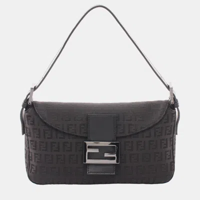 Pre-owned Fendi Mamma Bucket Zucchino One Shoulder Bag Canvas Leather Black