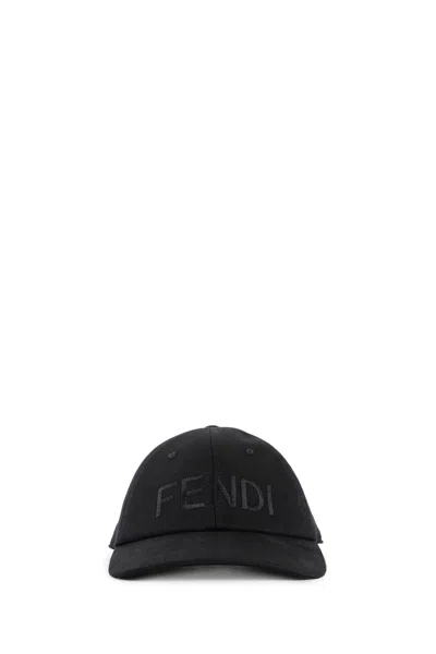 Fendi Men Wool Blend Baseball Hat With Logo Embroidery In Black