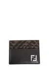 Fendi Brown Card-holder With Squared Ff Motif In Leather And Ff Canvas Man In Brown