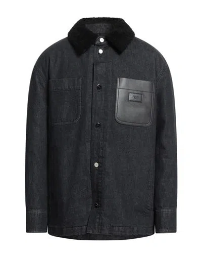 Fendi Man Denim Outerwear Blue Size 40 Cotton, Shearling In Black