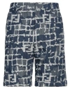 Fendi Blue Bermuda Shorts With Ff Print In Cotton And Linen Man In Blue