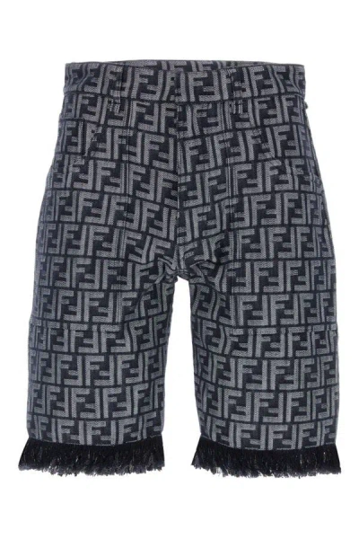 Fendi Man Embroidered Denim Bermuda Shorts In Navy