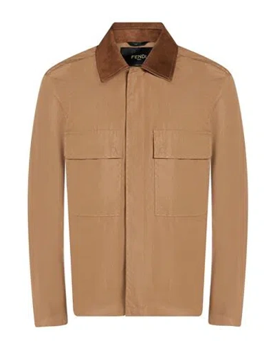 Fendi Man Jacket Camel Size 38 Cotton, Polyamide In Brown