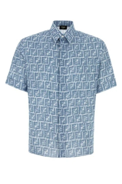 Fendi Man Printed Linen Shirt In Blue
