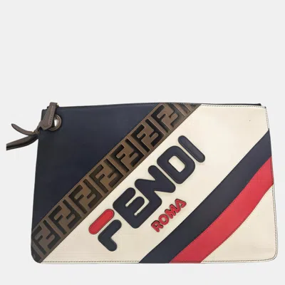 Pre-owned Fendi Mania Clutch White Leather Pouch Bag In Multi