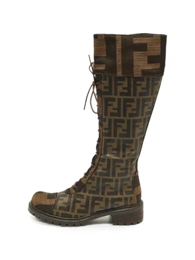 Pre-owned Fendi Mania Ff Motif Knee-length Boots In Brown