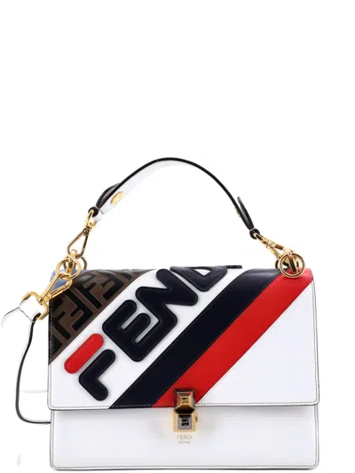 Pre-owned Fendi Mania Logo Kan I Bag Inlaid Leather Medium Shoulder Bag In Blue