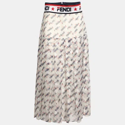 Pre-owned Fendi Mania Print Silk Pleated Midi Skirt M In White