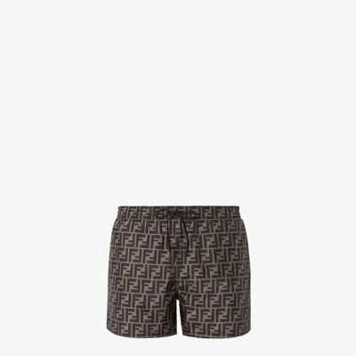 Fendi Tech Fabric With All-over Ff Pattern Swim Shorts In Brown