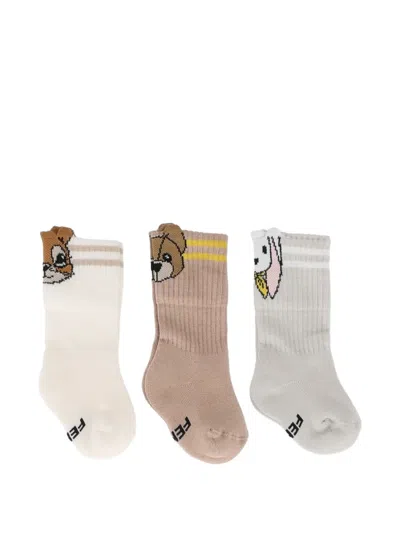 Fendi Kids' Mascotte Intarsia-knit Socks (set Of Three) In Neutrals