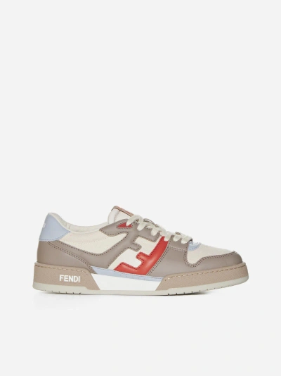 Fendi Match Leather And Fabric Sneakers In Beige