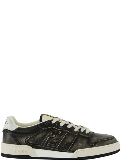 Fendi Match Leather Sneaker With Embossed Ff Logo And Perforated Toe In Black
