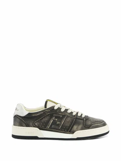 Fendi Match Leather Sneakers With Distressed Finish In Multi